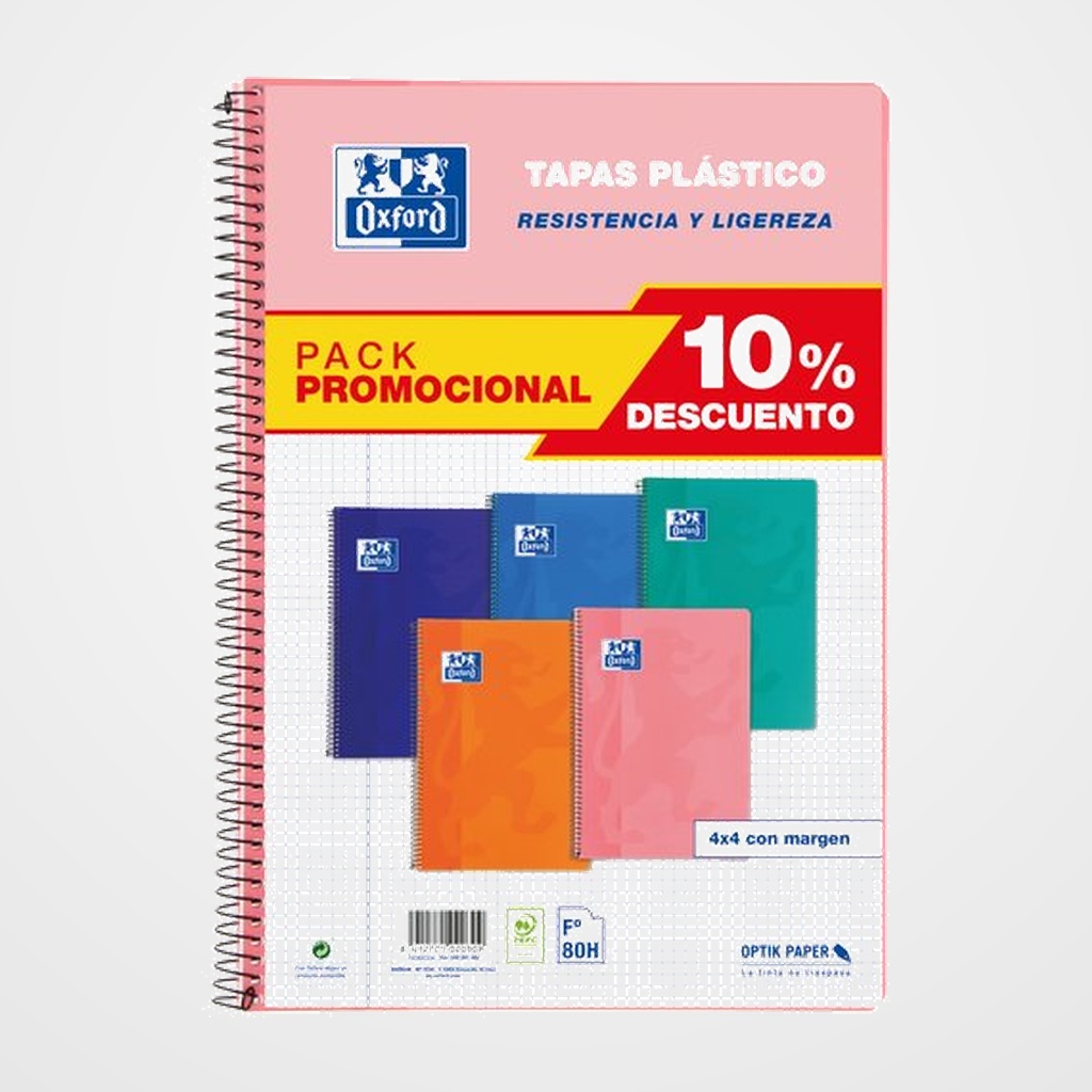 BLOC OXFORD SCHOOL CLASSIC tapa PP Fº 80h CUADRIC.4x4 90g PACK 5 (col. tendencia)