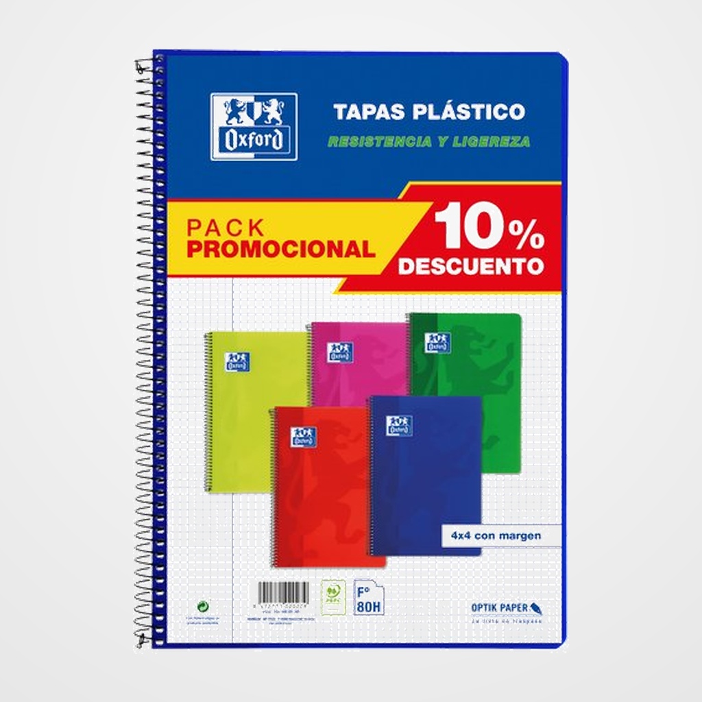 BLOC OXFORD SCHOOL CLASSIC tapa PP Fº 80h CUADRIC.4x4 90g PACK 5 (col. vivos)