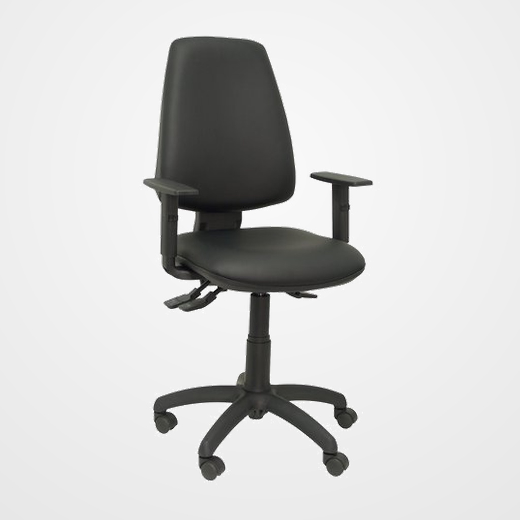 SILLA PIQUERAS Y CRESPO ELCHE S BRAZOS REGULABLES MECANISMO SINCRO de DOBLE MANETA GRAN CONFORTABILIDAD REGULABLE EN ALTURA ASIENTO Y RESPALDO TAPIZADO SIMILPIEL NEGRO