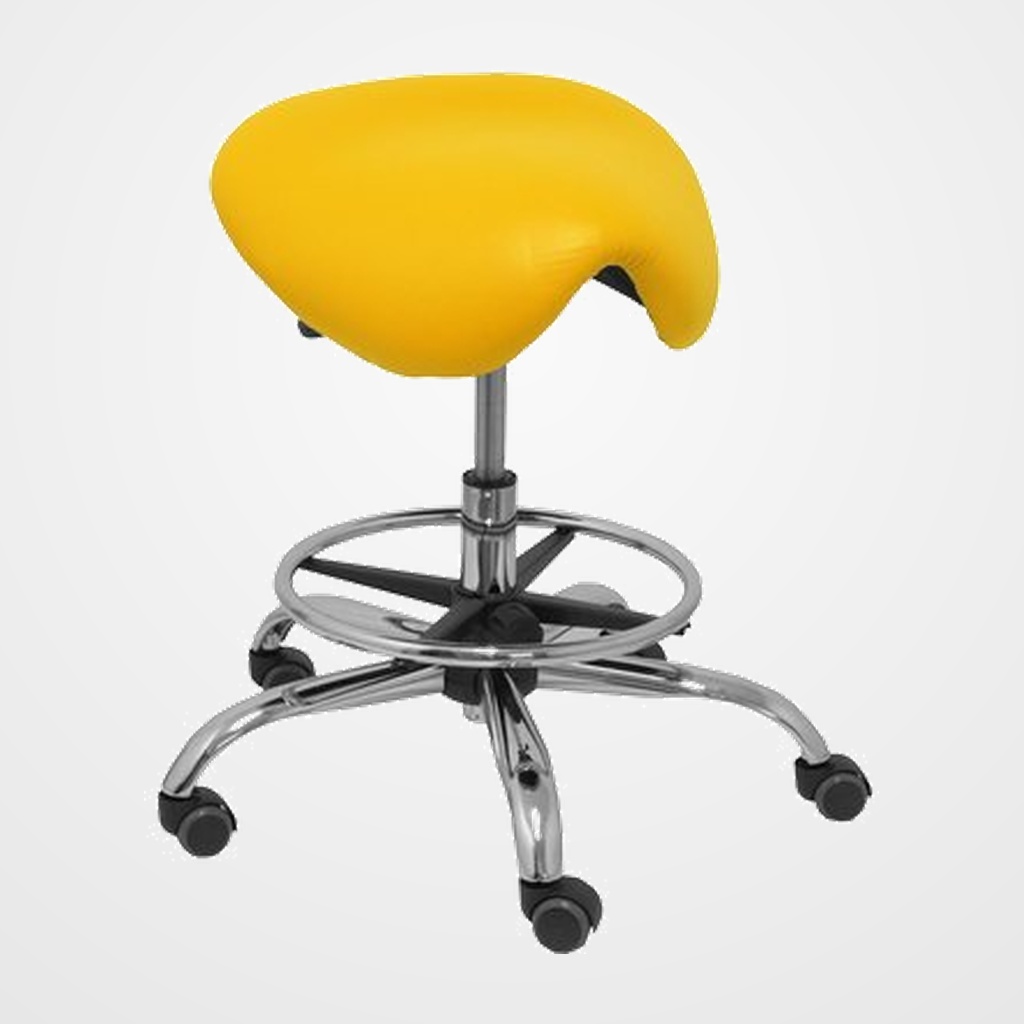 TABURETE PIQUERAS Y CRESPO ALATOZ CLINICO GIRATORIO ERGOMICO MECANISMO BASCULANTE REGULABLE EN ALTURA con ARO REPOSAPIES RUEDAS de NYLON y ASIENTO TAPIZADO SIMILPIEL AMARILLO