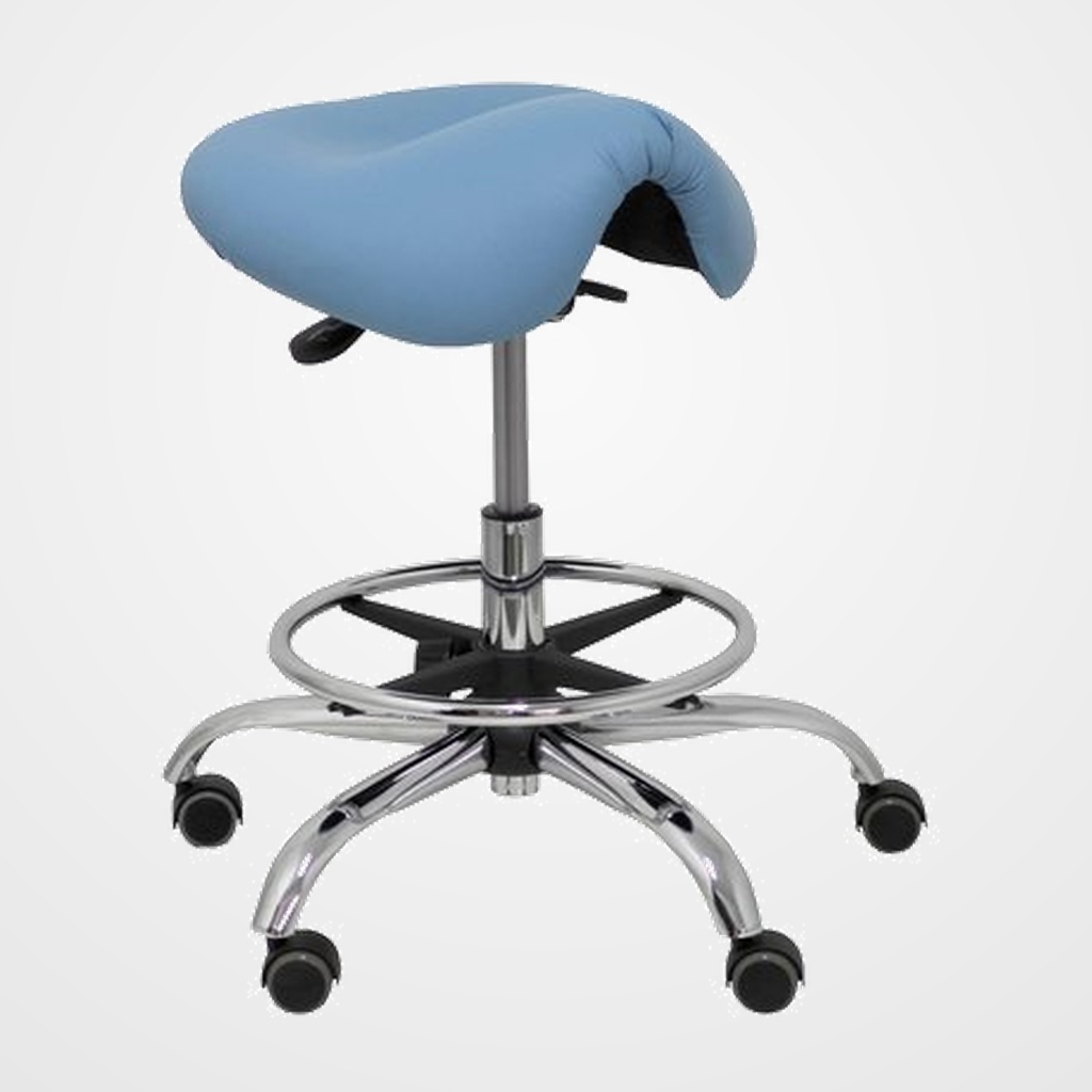 TABURETE PIQUERAS Y CRESPO ALATOZ CLINICO GIRATORIO ERGOMICO MECANISMO BASCULANTE REGULABLE EN ALTURA con ARO REPOSAPIES RUEDAS de NYLON y ASIENTO TAPIZADO SIMILPIEL AZUL CLARO
