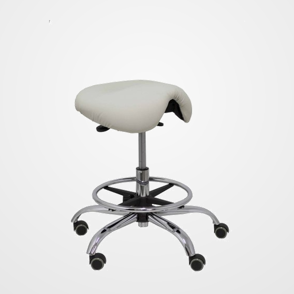 TABURETE PIQUERAS Y CRESPO ALATOZ CLINICO GIRATORIO ERGOMICO MECANISMO BASCULANTE REGULABLE EN ALTURA con ARO REPOSAPIES RUEDAS de NYLON y ASIENTO TAPIZADO SIMILPIEL GRIS CLARO