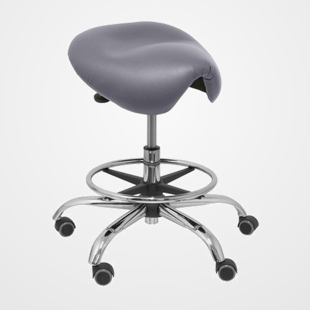 TABURETE PIQUERAS Y CRESPO ALATOZ CLINICO GIRATORIO ERGOMICO MECANISMO BASCULANTE REGULABLE EN ALTURA con ARO REPOSAPIES RUEDAS de NYLON y ASIENTO TAPIZADO SIMILPIEL GRIS MEDIO