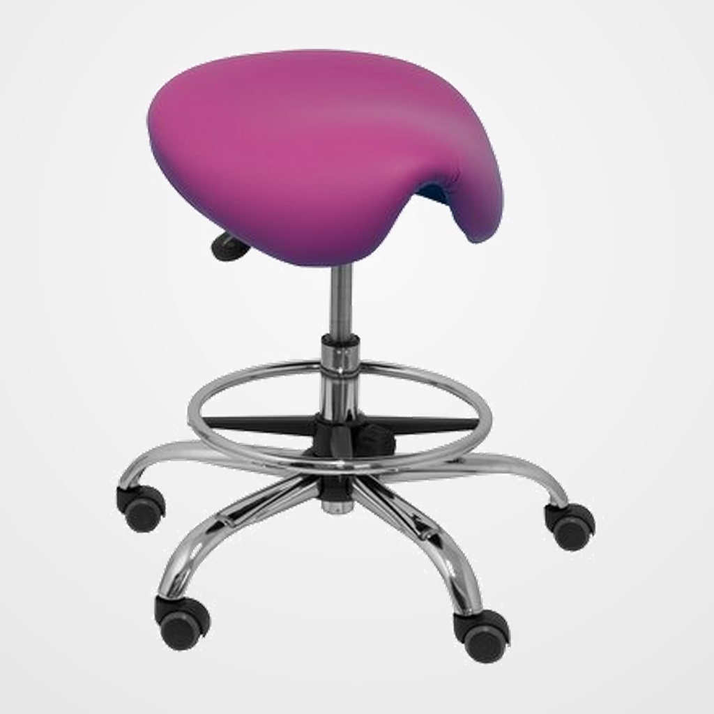 TABURETE PIQUERAS Y CRESPO ALATOZ CLINICO GIRATORIO ERGOMICO MECANISMO BASCULANTE REGULABLE EN ALTURA con ARO REPOSAPIES RUEDAS de NYLON y ASIENTO TAPIZADO SIMILPIEL MORADO