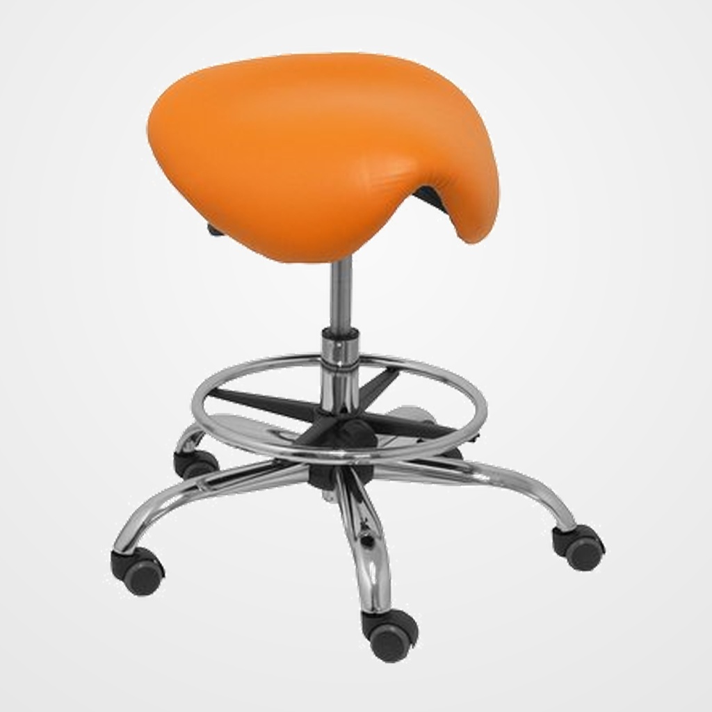 TABURETE PIQUERAS Y CRESPO ALATOZ CLINICO GIRATORIO ERGOMICO MECANISMO BASCULANTE REGULABLE EN ALTURA con ARO REPOSAPIES RUEDAS de NYLON y ASIENTO TAPIZADO SIMILPIEL NARANJA
