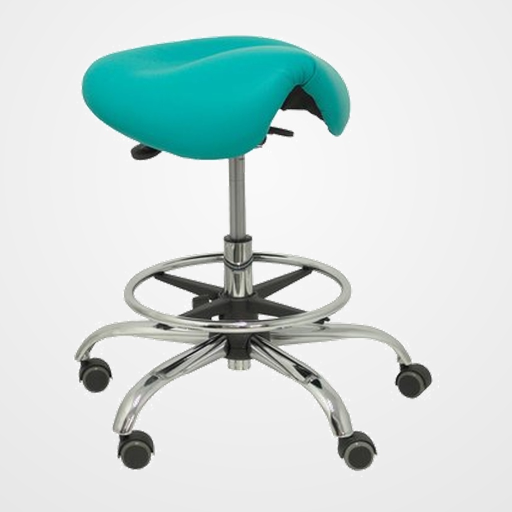 TABURETE PIQUERAS Y CRESPO ALATOZ CLINICO GIRATORIO ERGOMICO MECANISMO BASCULANTE REGULABLE EN ALTURA con ARO REPOSAPIES RUEDAS de NYLON y ASIENTO TAPIZADO SIMILPIEL VERDE