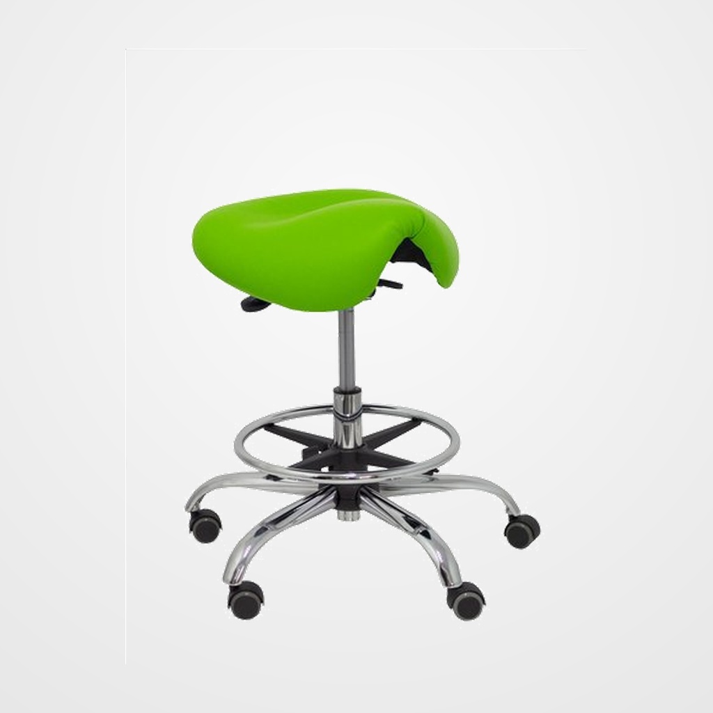 TABURETE PIQUERAS Y CRESPO ALATOZ CLINICO GIRATORIO ERGOMICO MECANISMO BASCULANTE REGULABLE EN ALTURA con ARO REPOSAPIES RUEDAS de NYLON y ASIENTO TAPIZADO SIMILPIEL VERDE PISTACHO