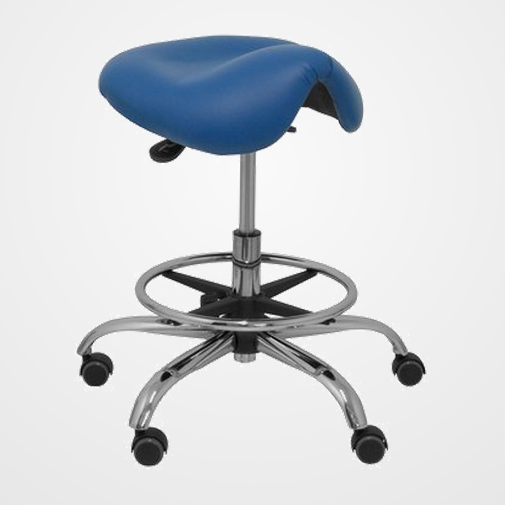 TABURETE PIQUERAS Y CRESPO ALATOZ GIRATORIO REGULABLE EN ALTURA REPOSAPIES CROMADO ASIENTO TAPIZADO SIMILPIEL AZUL