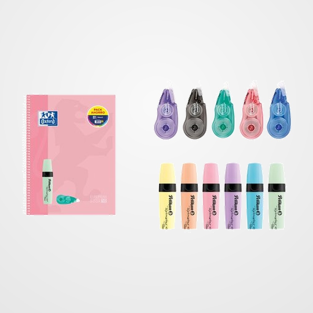[10004130] BLOC OXFORD SCHOOL EU.BOOK 10 TOUCH micro.tapa EXTRA A4+ 150h CUADRIC.5x5 90g SURTIDO (4 col.) + MARCADOR FLUOR PELIKAN TEXTMARKER 490 PASTEL + CORRECTOR PELIKAN FACY ROLLET (PACK AHORRO)