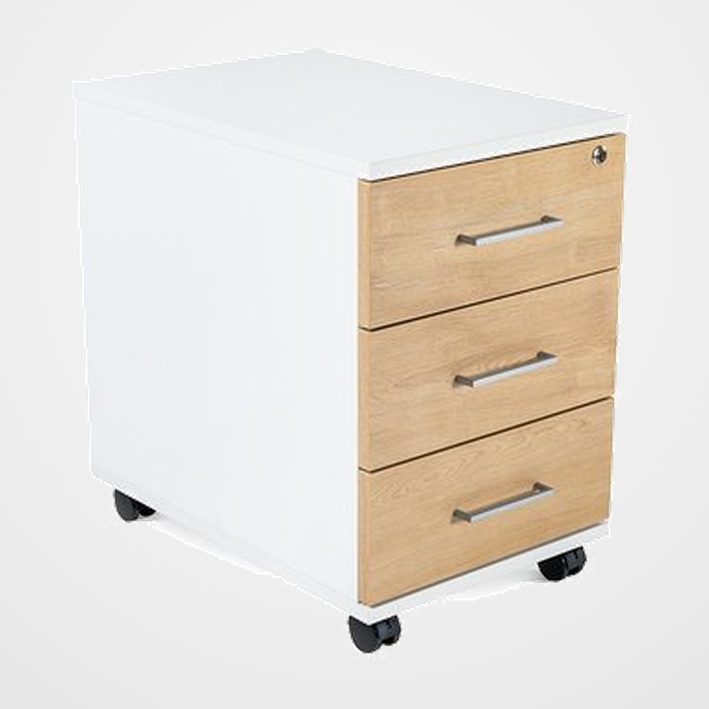 CAJONERA ROCADA con RUEDAS 40x59,5x58 con 3 CAJONES ESTRUCTURA BLANCO FRONTALES ROBLE