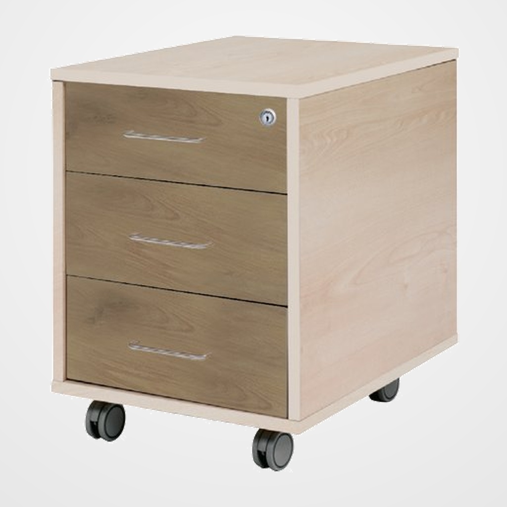 CAJONERA ROCADA con RUEDAS 40x59,5x58 con 3 CAJONES ESTRUCTURA HAYA FRONTALES ROBLE