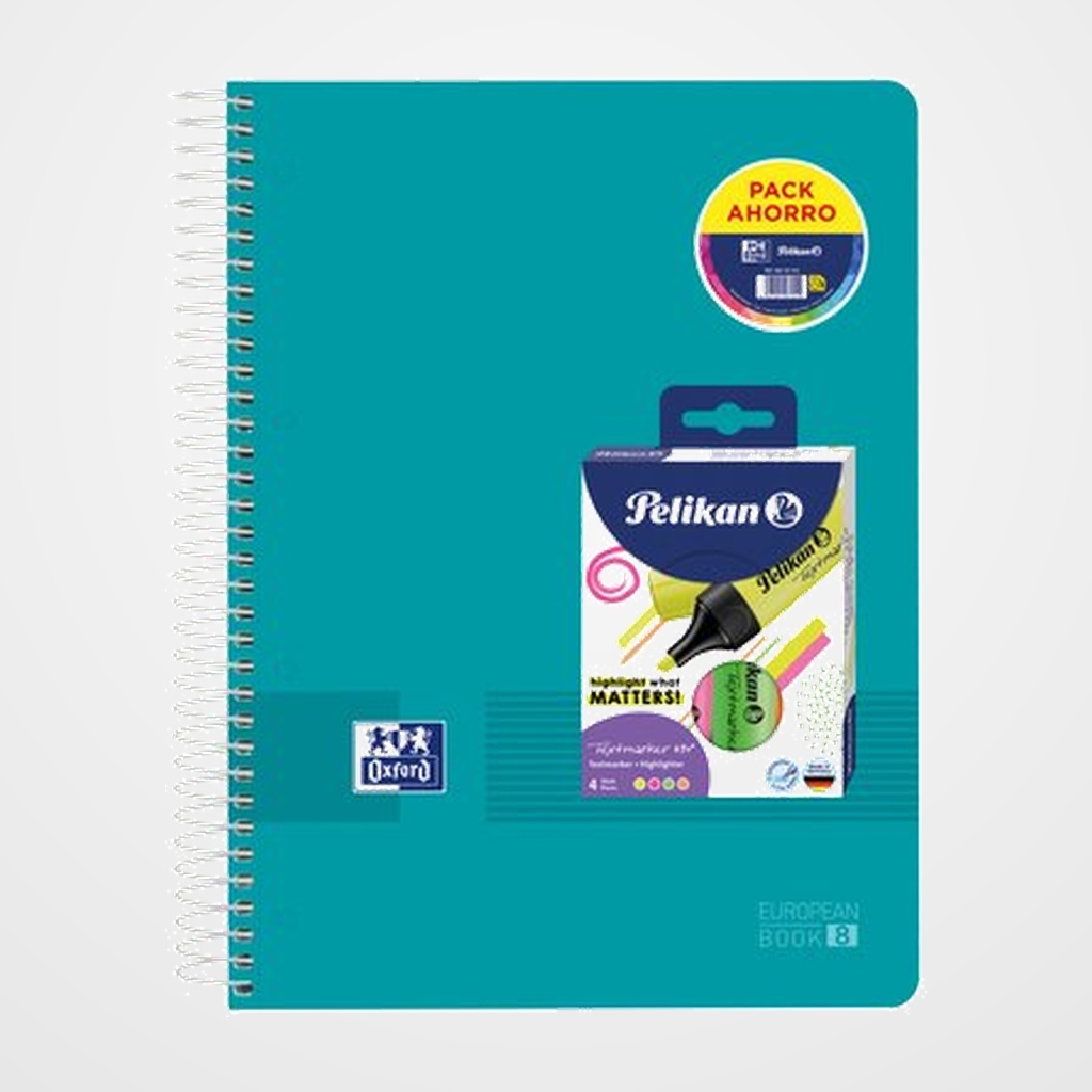 BLOC OXFORD SCHOOL EU.BOOK 8 LIVE&GO micro.tapa PP A4+ 160h CUADRIC.5x5 90g SURTIDO (5 col.) + MARCADOR FLUOR PELIKAN TEXTMARKER 490 NEON PACK DE 4 (PACK AHORRO)