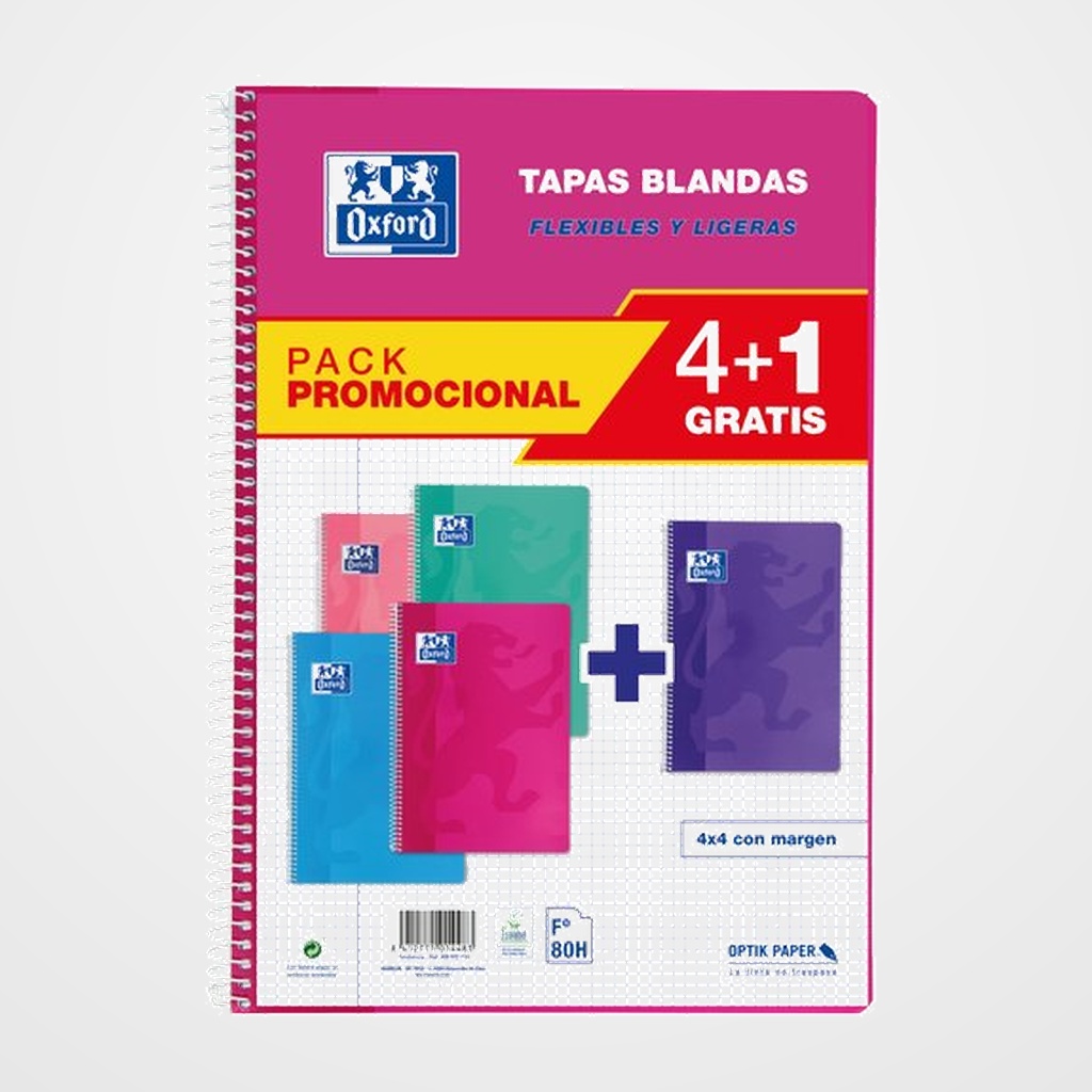 BLOC OXFORD SCHOOL tapa BLANDA Fº 80h CUADRIC.4x4 PACK 4+1 (col. Tendencia)