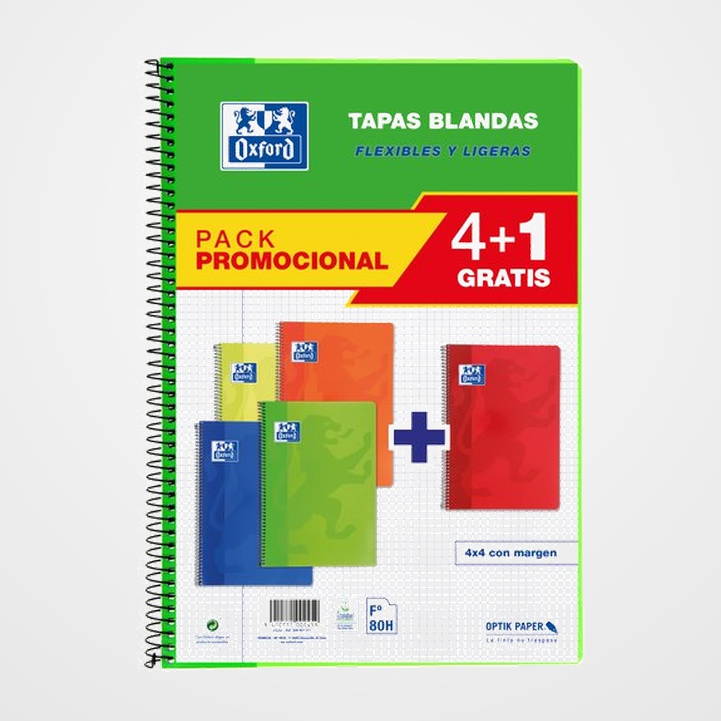 BLOC OXFORD SCHOOL tapa BLANDA Fº 80h CUADRIC.4x4 PACK 4+1 (col. vivos)
