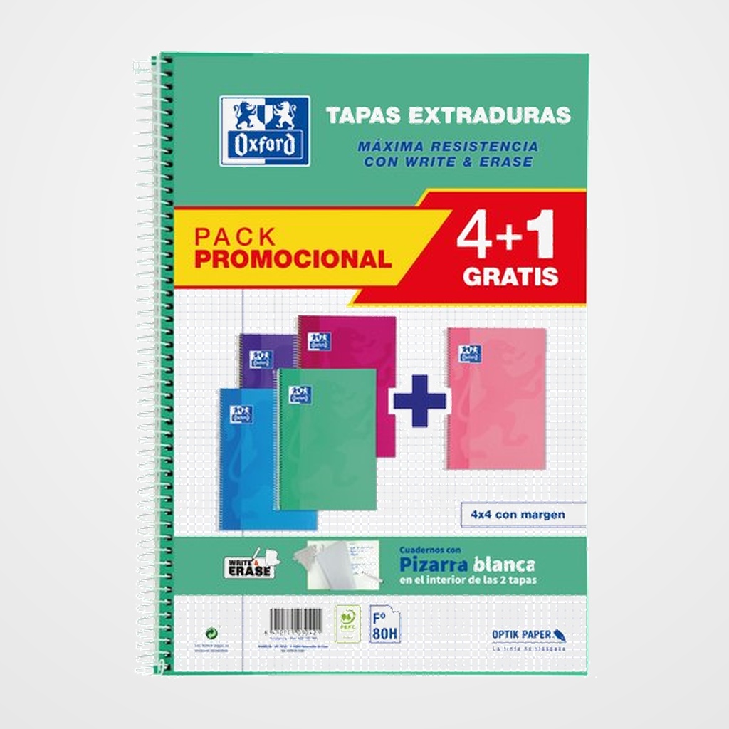 BLOC OXFORD SCHOOL tapa EXTRA Fº 80h CUADRIC.4x4 90g PACK 4+1 (col. Tendencia)