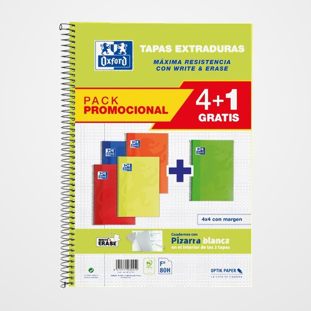 BLOC OXFORD SCHOOL tapa EXTRA Fº 80h CUADRIC.4x4 90g PACK 4+1 (col. vivos)