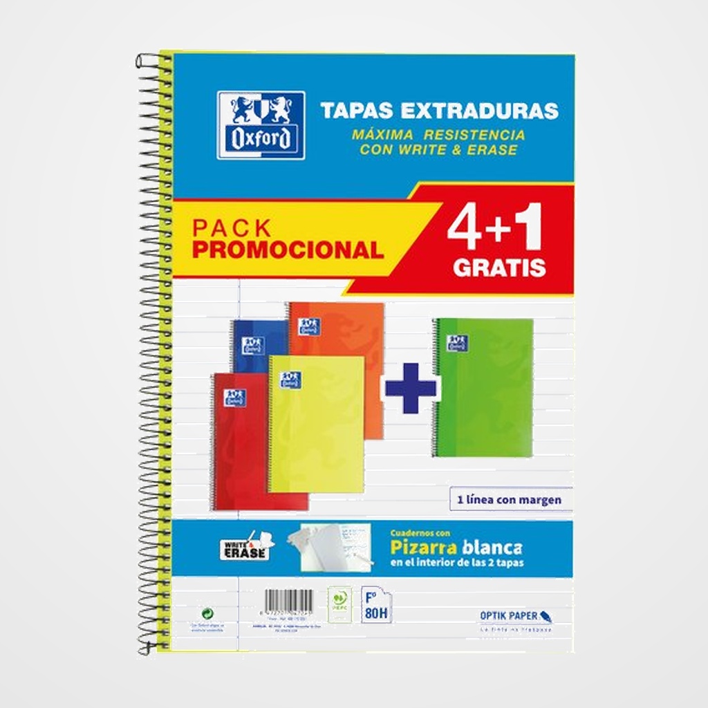 BLOC OXFORD SCHOOL tapa EXTRA Fº 80h HORIZONTAL 90g PACK 4+1 (col. vivos)