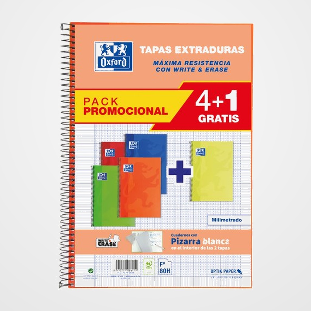 BLOC OXFORD SCHOOL tapa EXTRA Fº 80h MILIMETRADO 90g PACK 4+1 (col. vivos)