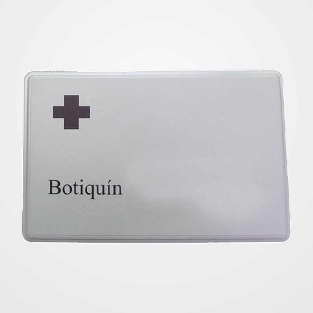 BOTIQUIN OUTAS PORTABLE PLASTICO GRIS (esparadrapo, 3 vendajes compresivos, compresa para quemados 60x80, compresa para quemados 35x45, 5 vendas orilla, 2 sobres de gasas, tijera para vendajes, caja de apositos adhesivos, manta isotermica, 2 vendajes triangulares de celulosa, 2 pares de guantes de latex y hoja de primeros auxilios)