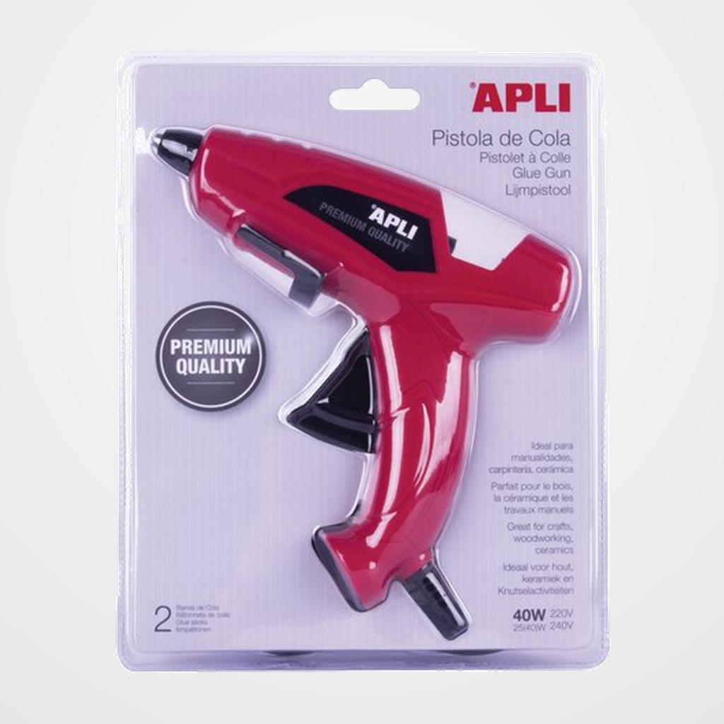 PISTOLA de COLA TERMOFUSIBLE APLI 40W + 2 BARRAS DE COLA
