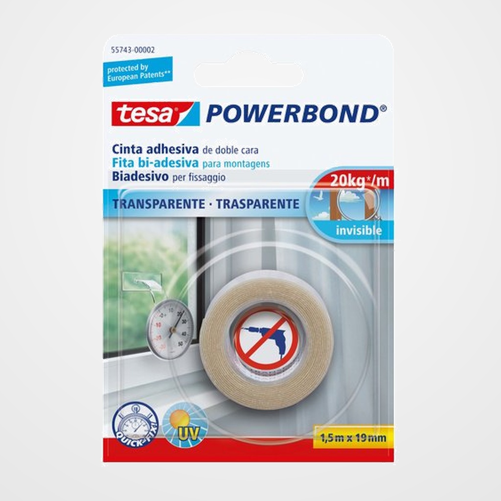 CINTA ADHESIVA DOBLE CARA TESA POWERBOND rollo 1,5x19 TRANSPARENTE