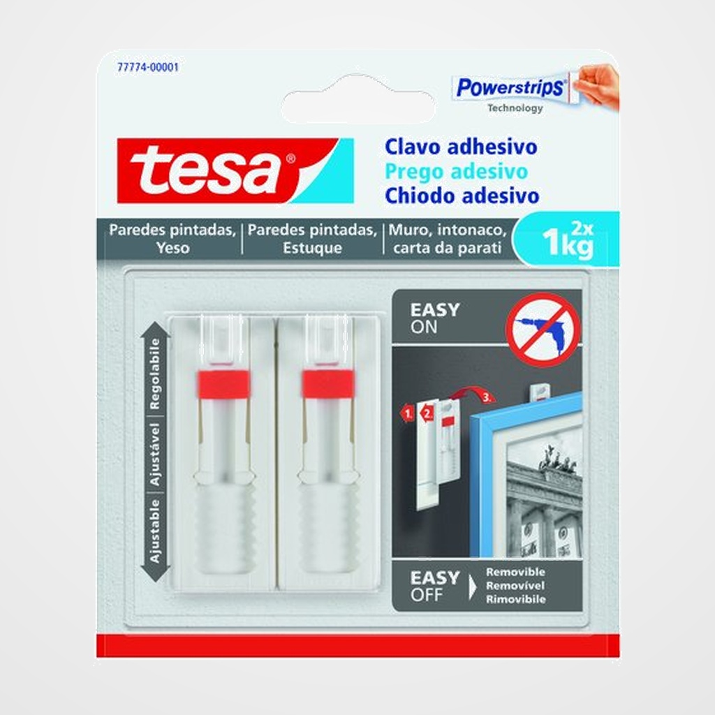 CLAVO ADHESIVO TESA AJUSTABLE PARA PAREDES PINTADAS Y YESO 1 Kg Blister de 2