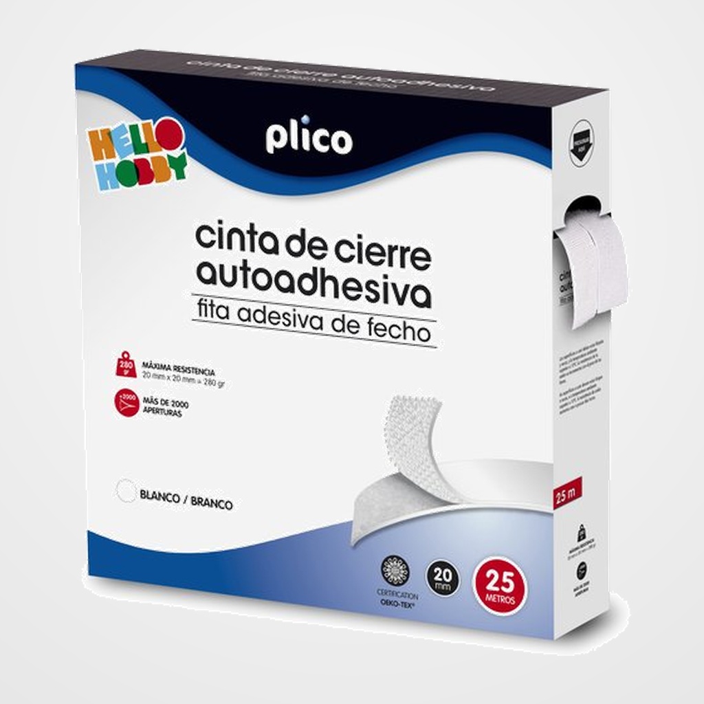 CINTA VELCRO PLICO CREMALLERA TEXTIL AUTOADHESIVA 25 m. 20mm BLANCO
