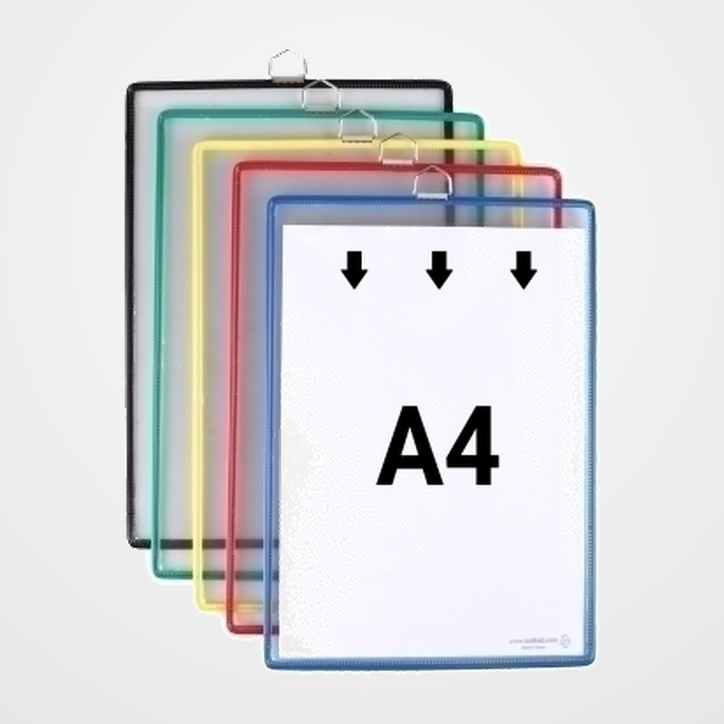 FUNDA PORTA CARTELES TARIFOLD COLGANTE A4 VERTICAL con ANILLA SURTIDO PACK de 5