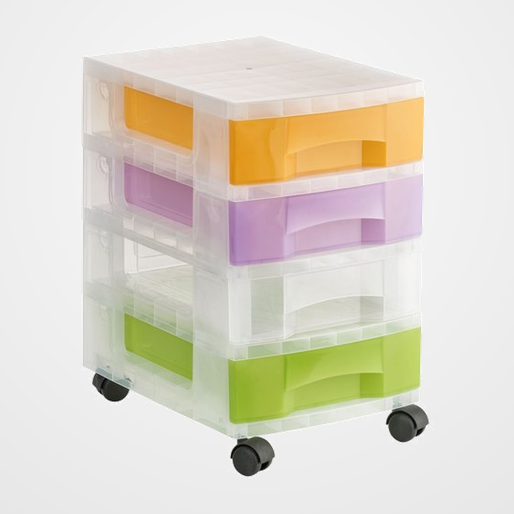 TORRE DE ALMACENAJE CON RUEDAS 4 CAJONES TRASLUCIDOS SURTIDOS