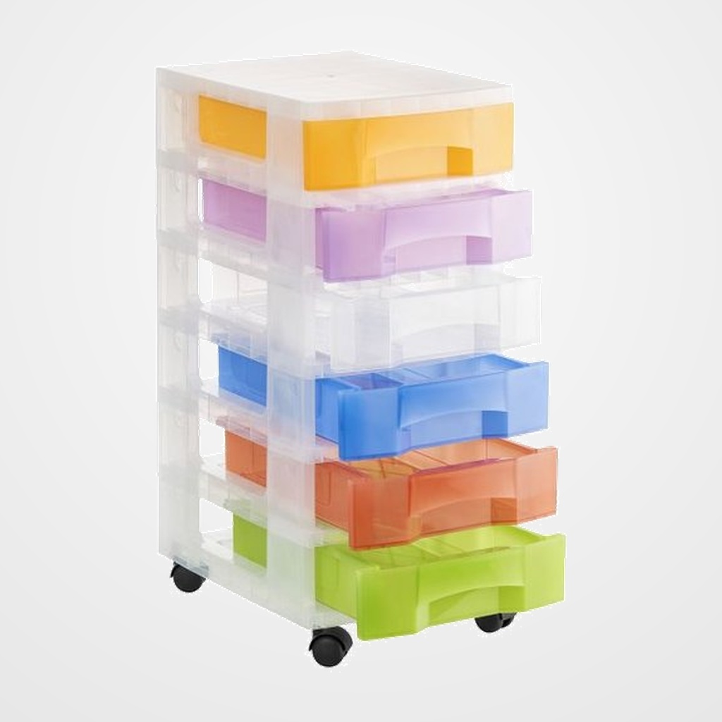 TORRE DE ALMACENAJE CON RUEDAS 6 CAJONES TRASLUCIDOS SURTIDOS