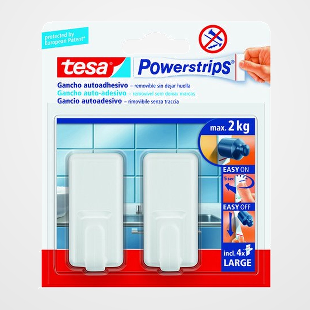 GANCHO GRANDE TESA POWERSTRIPS CLASICO BLANCO (2 GANCHOS-4 TIRAS)