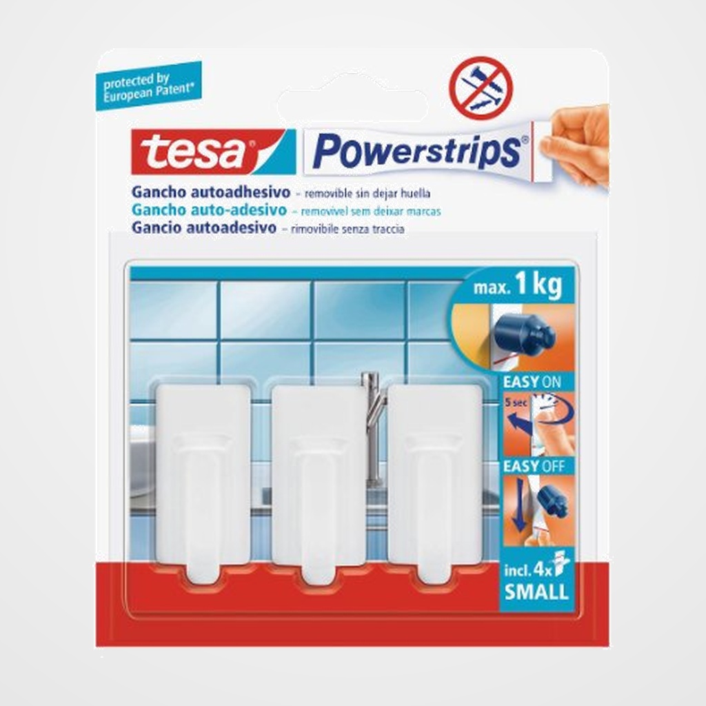 GANCHO PEQUEÑO TESA POWERSTRIPS CLASICO BLANCO (3 GANCHOS-4 TIRAS)