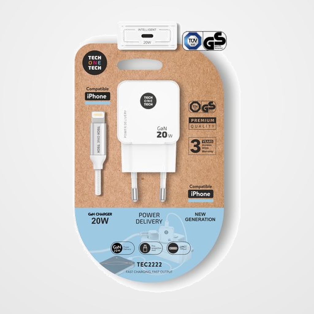 CARGADOR TECH-ONE-TECH PARED BLANCO + CABLE USB-C - LIGHTNING ALTO RENDIMIENTO 20W