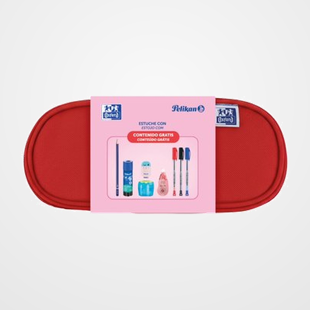 PORTATODO OXFORD KANGOO KIDS COFRE CON CONTENIDO SURTIDO (5 col.) (3x boligrafo Hang Stick, 1x lapiz grafito HB, 1x sacapuntas flor, 1x goma , 1x corrector Fancy Roller y 1x barra pegamento Pelifix 40g.)