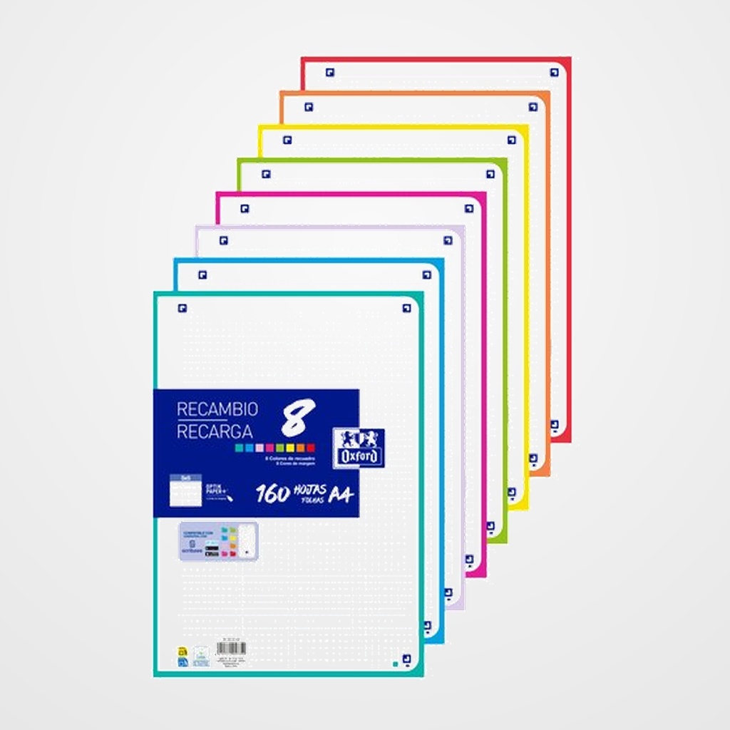 RECAMBIO OXFORD SCHOOL COLOR 8 A4 160h 90gr 4 TALADROS CUADRIC.5x5 (8 colores en banda)