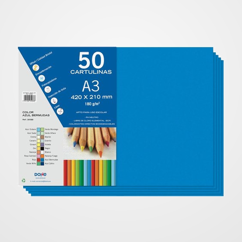 CARTULINA A3 DOHE 180g AZUL BERMUDAS PAQUETE de 50