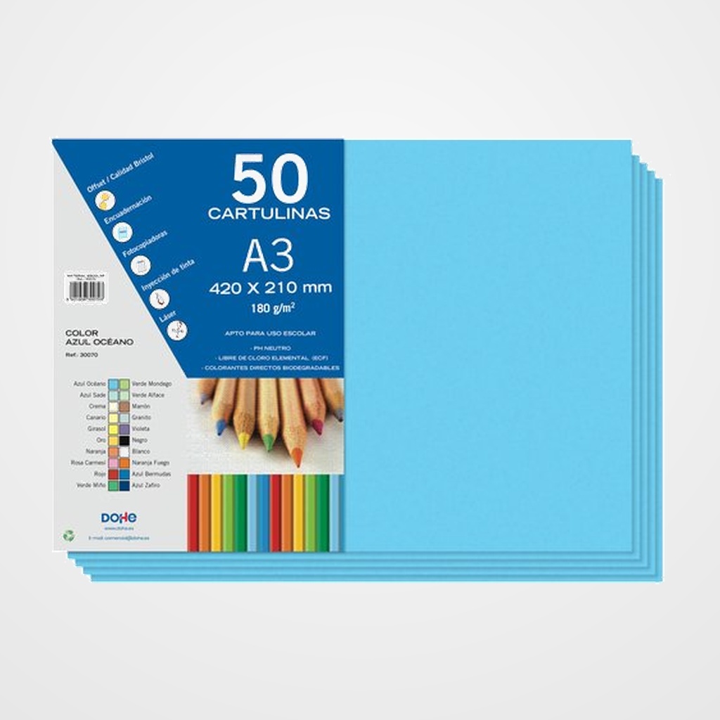 CARTULINA A3 DOHE 180g AZUL OCEANO PAQUETE de 50