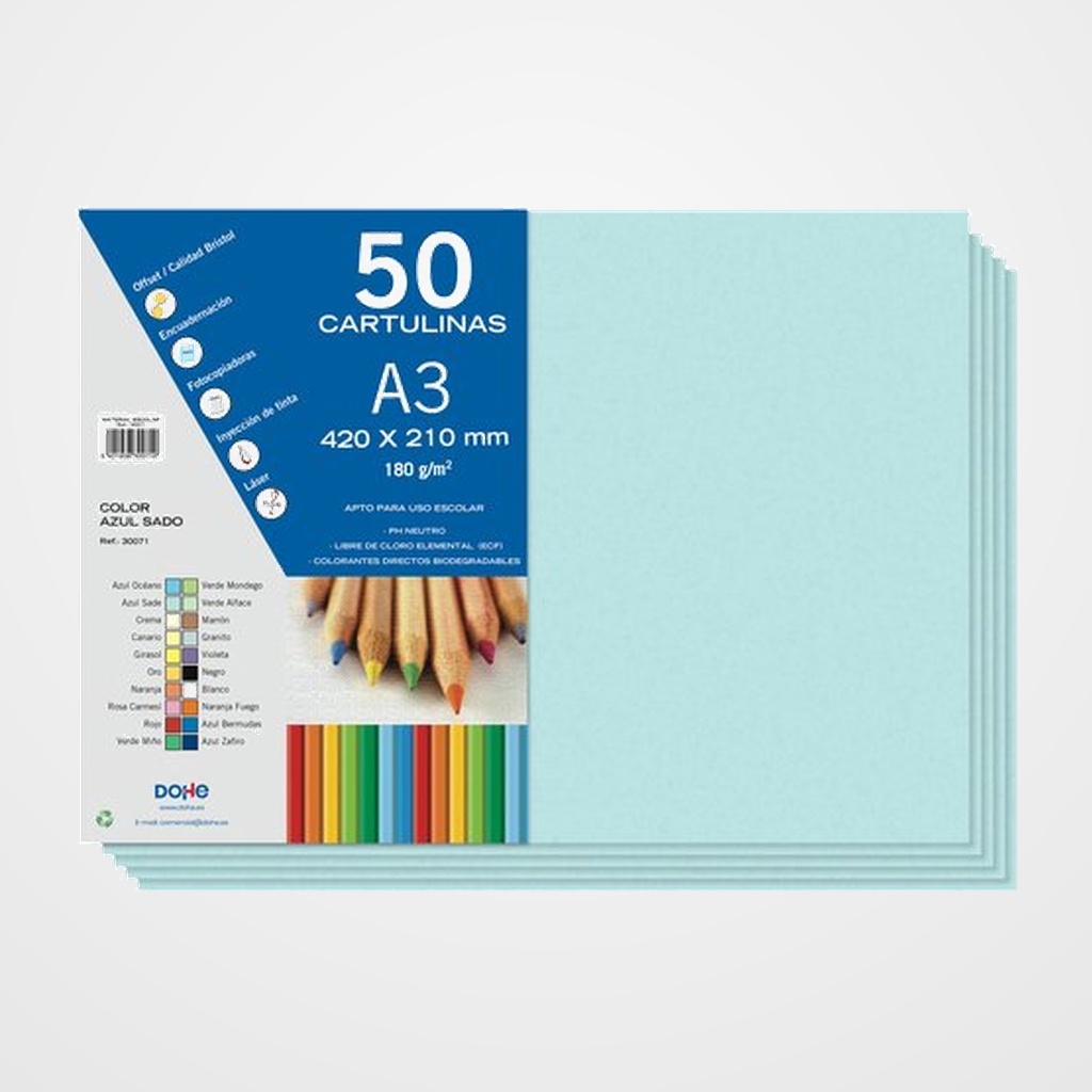 CARTULINA A3 DOHE 180g AZUL SADO PAQUETE de 50