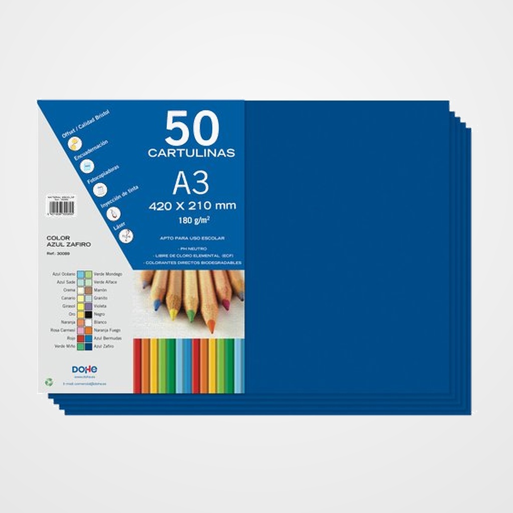 CARTULINA A3 DOHE 180g AZUL ZAFIRO PAQUETE de 50