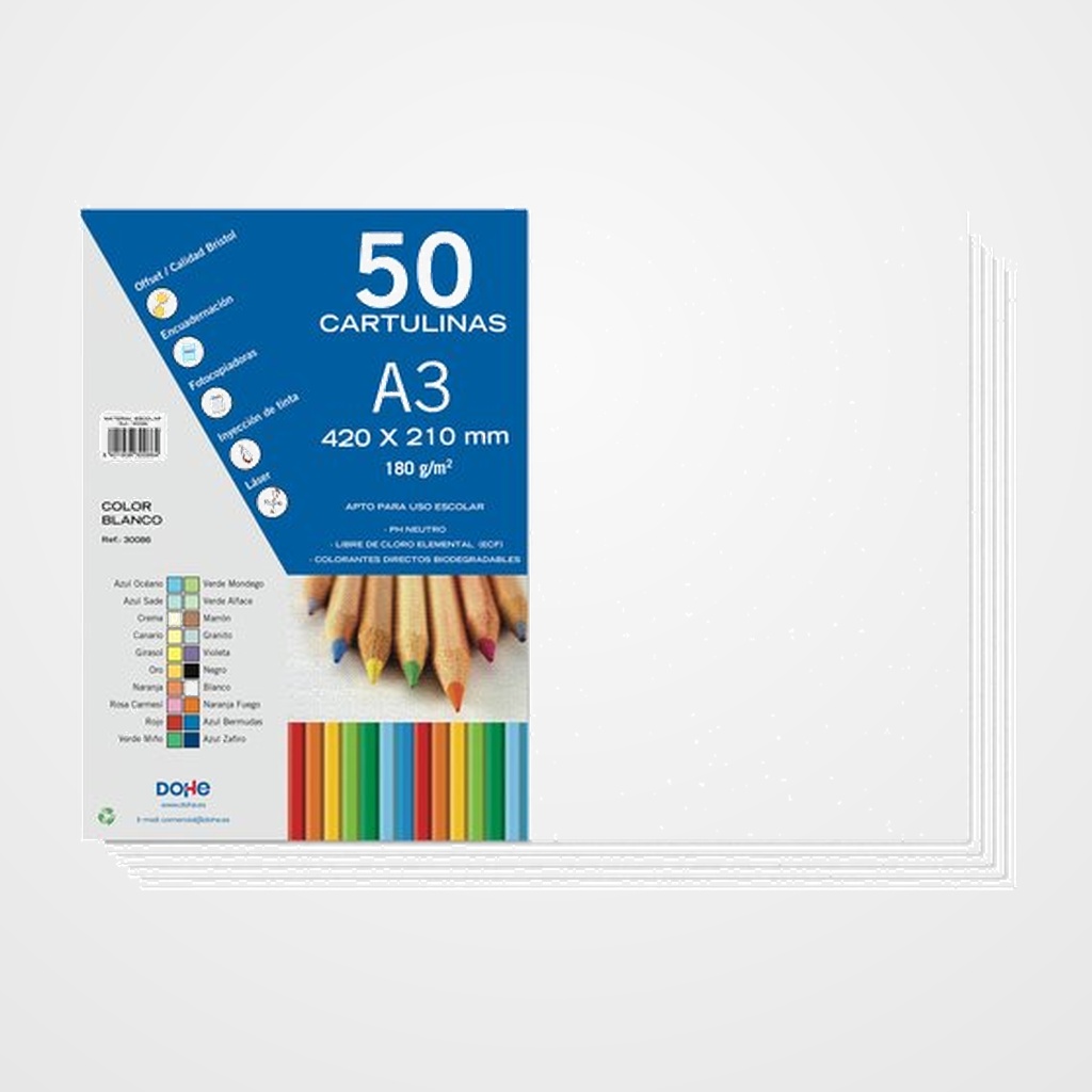 CARTULINA A3 DOHE 180g BLANCO PAQUETE de 50