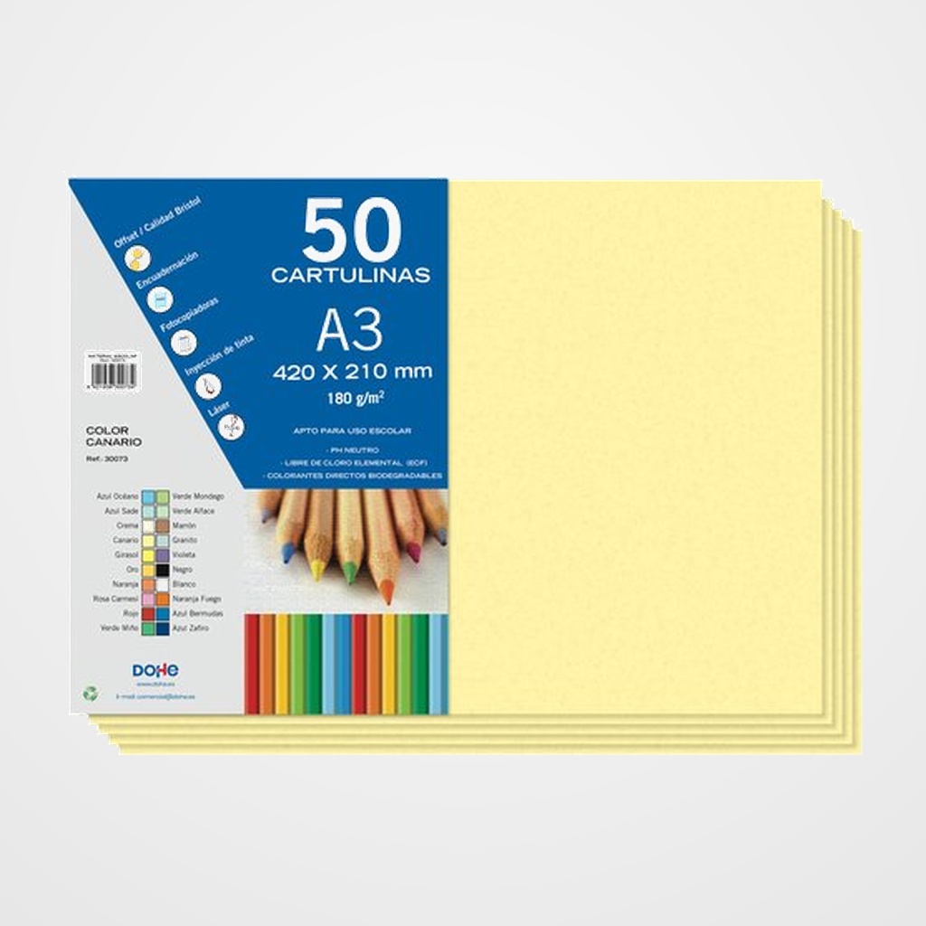 CARTULINA A3 DOHE 180g CANARIO PAQUETE de 50