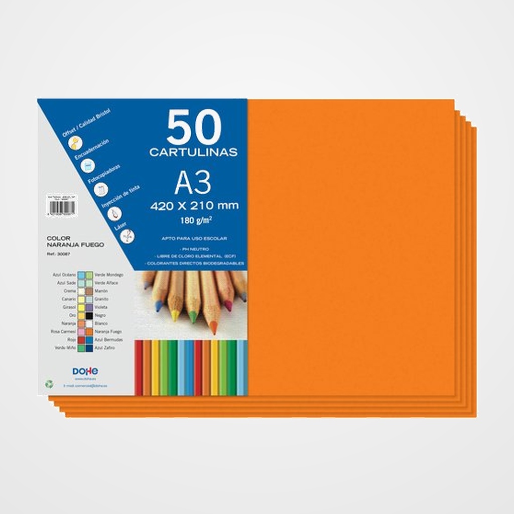 CARTULINA A3 DOHE 180g NARANJA FUEGO PAQUETE de 50