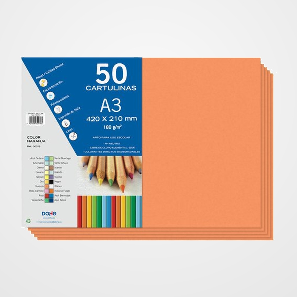CARTULINA A3 DOHE 180g NARANJA PAQUETE de 50