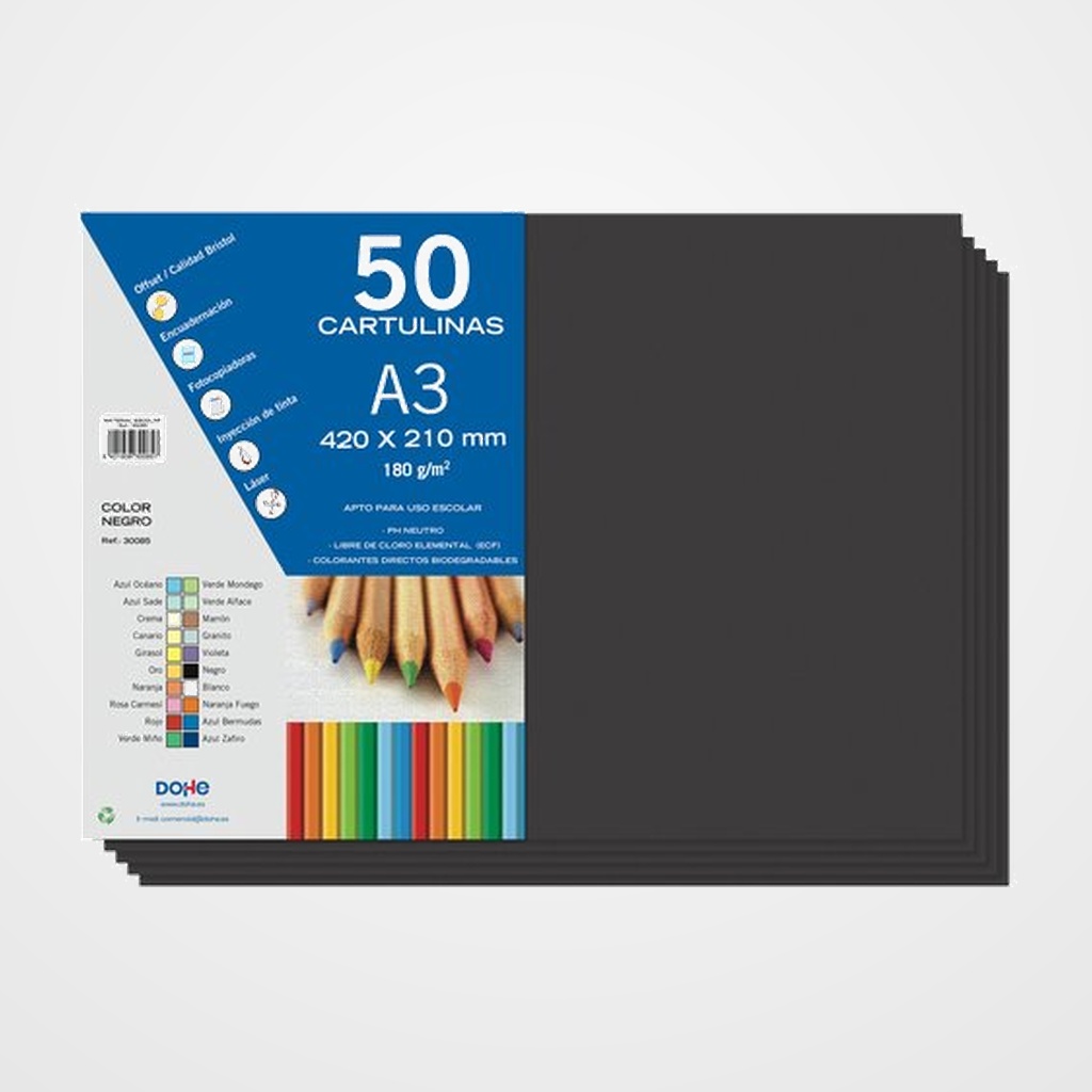 CARTULINA A3 DOHE 180g NEGRO PAQUETE de 50