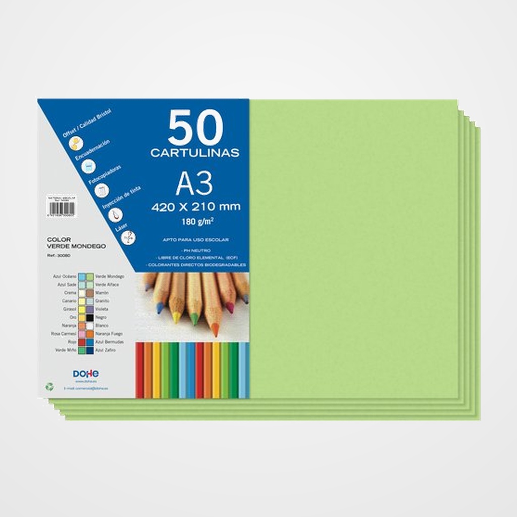 CARTULINA A3 DOHE 180g VERDE MONDEGO PAQUETE de 50