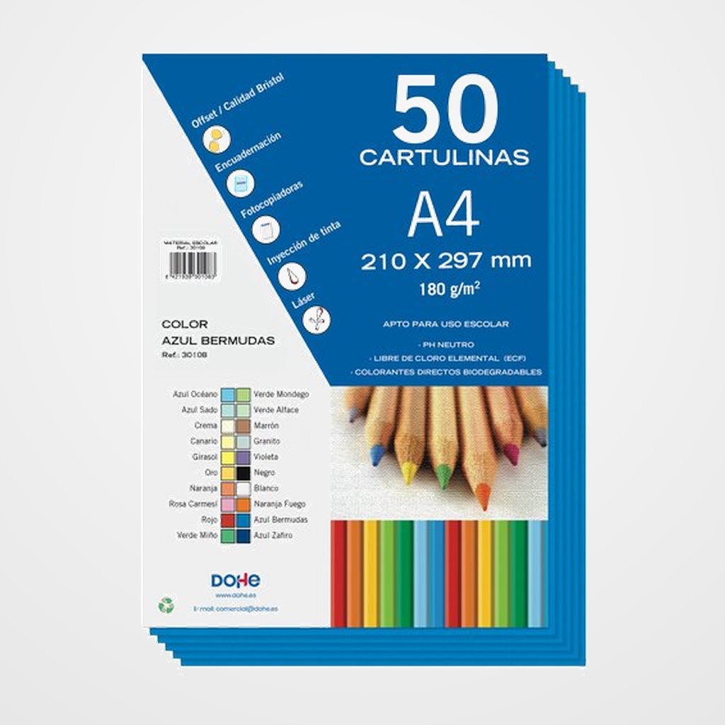 CARTULINA A4 DOHE 180g AZUL BERMUDAS PAQUETE de 50