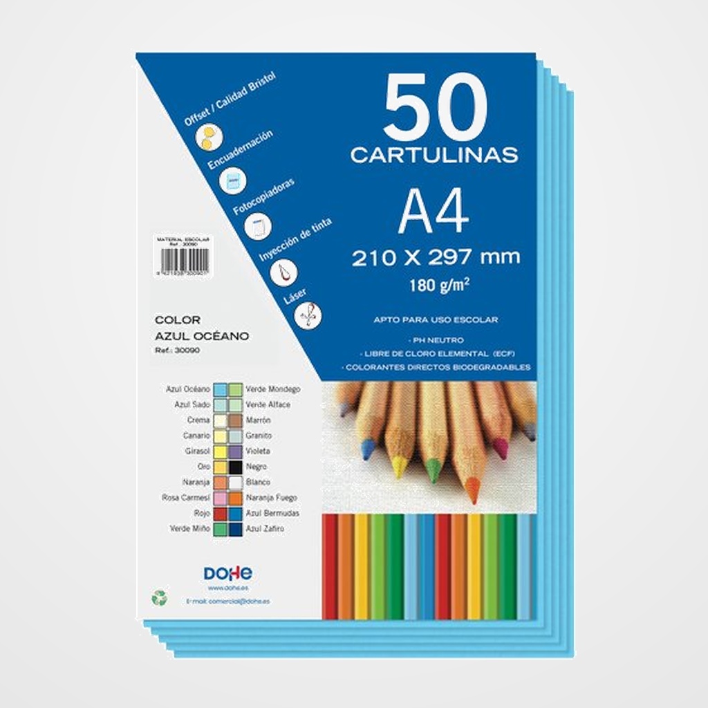 CARTULINA A4 DOHE 180g AZUL OCEANO PAQUETE de 50