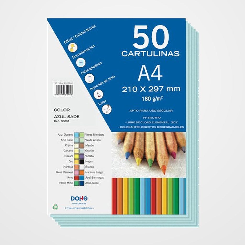 CARTULINA A4 DOHE 180g AZUL SADO PAQUETE de 50