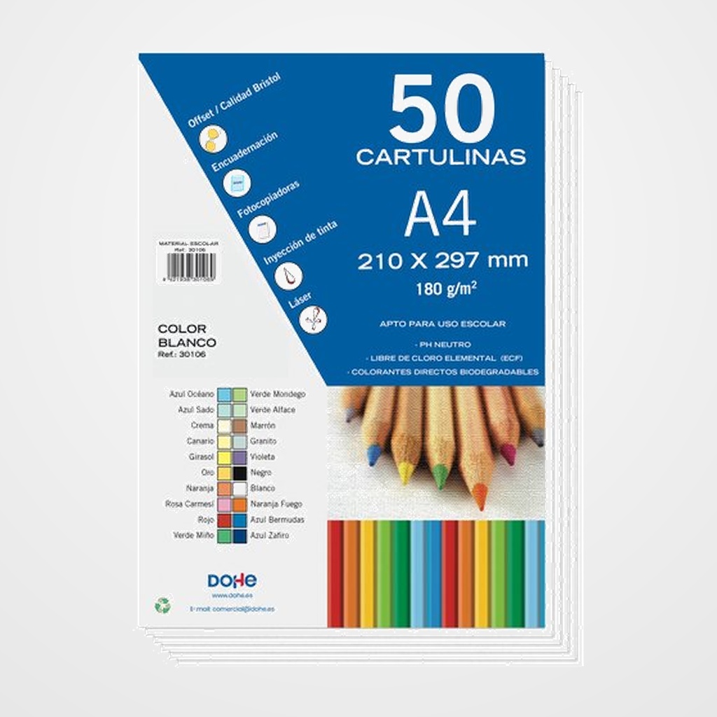 CARTULINA A4 DOHE 180g BLANCO PAQUETE de 50