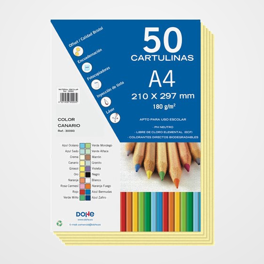 CARTULINA A4 DOHE 180g CANARIO PAQUETE de 50